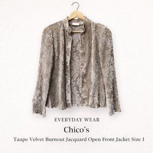 Chico’s Taupe Velvet Burnout Jacquard Open Front Jacket Size 1